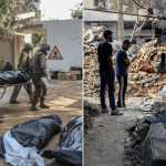 À esquerda: Mortos das forças israelenses que lutam contra os militantes islâmicos do Hamas. À direita: Cenário posterior aos ataques aéreos israelenses em Gaza.