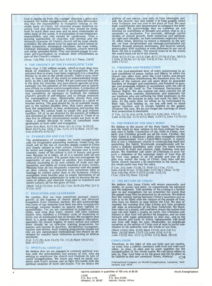 O pacto distribuído pelo Comitê de Lausanne para Evangelização Mundial, na década de 1970.