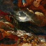 A monster and a snake from a historical painting with a moon in the background and an angel flying above