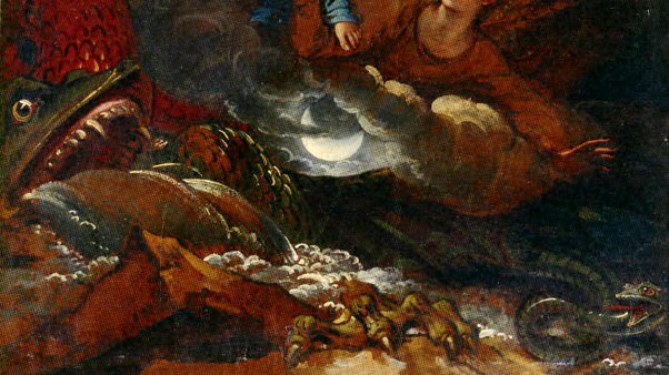 A monster and a snake from a historical painting with a moon in the background and an angel flying above