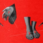 Jesus' hand and his feet with holes from the nails