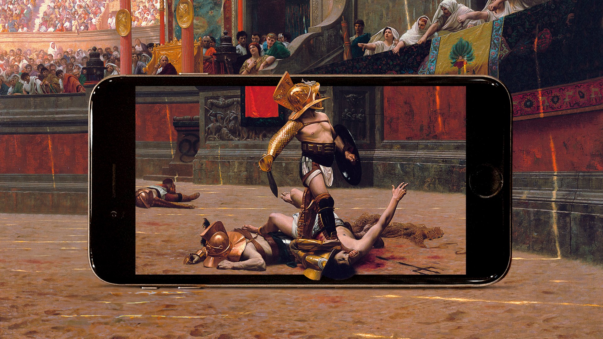 A gladiator standing over some men that he's killed in a phone with a crowd in the background