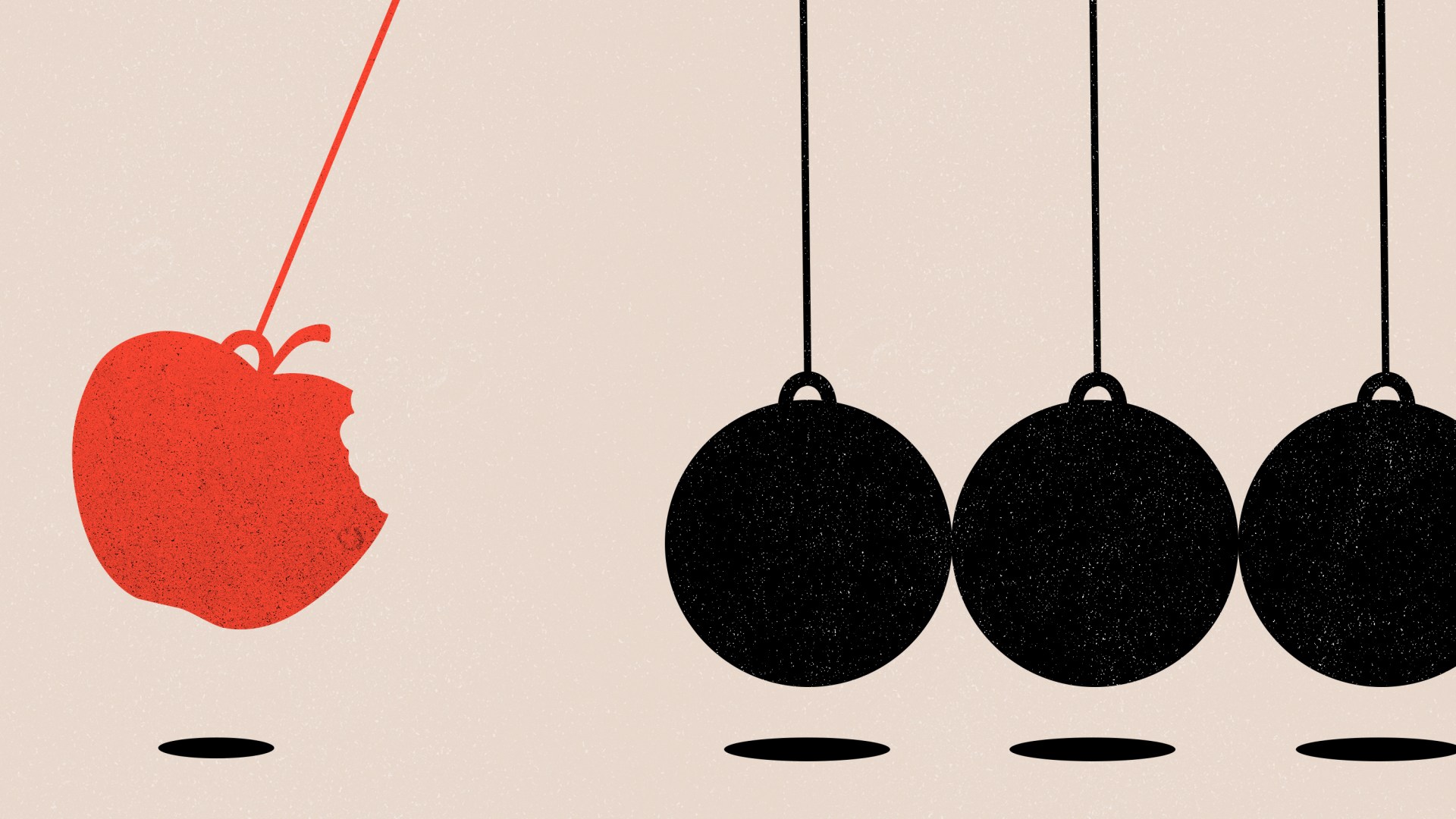 Newton's Cradle with an apple about to hit the other balls