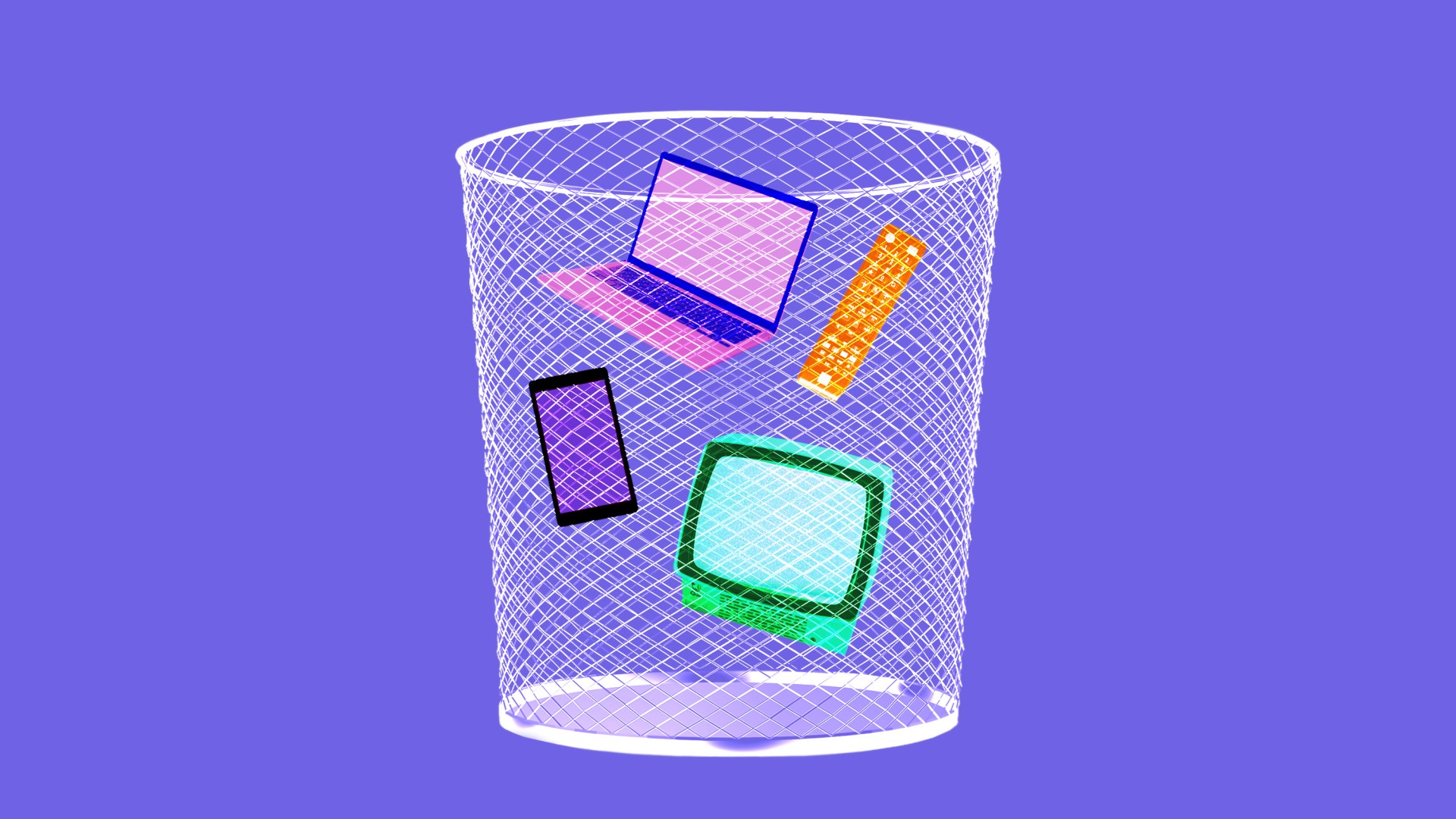 Several electronic devices in a garbage can.