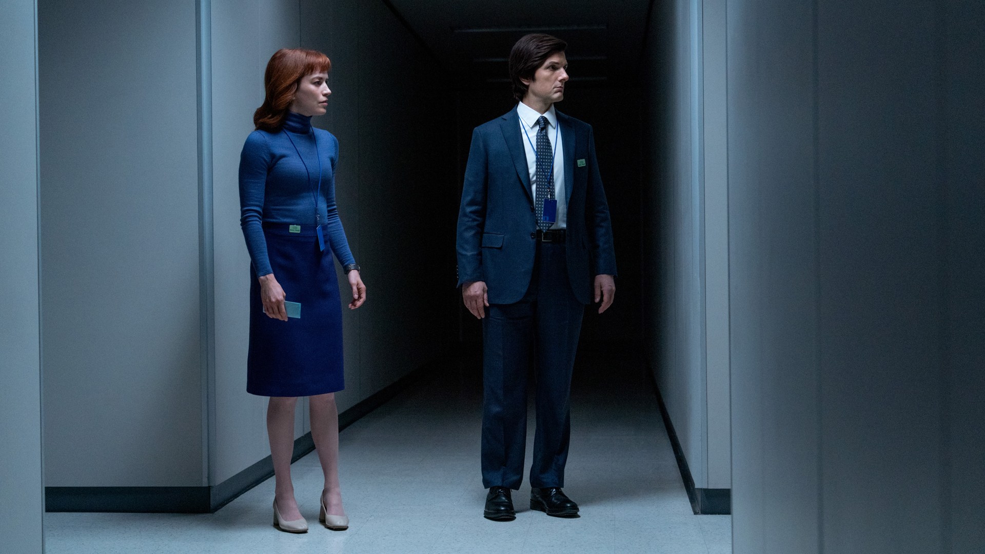 Britt Lower and Adam Scott in "Severance," now streaming on Apple TV+.