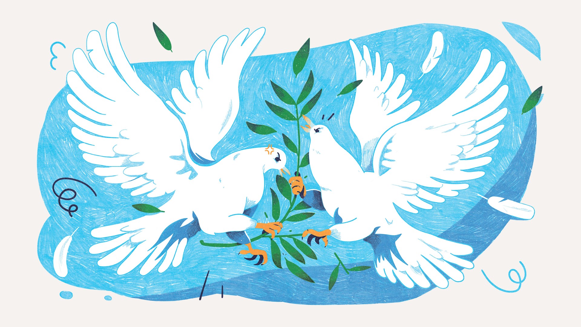 Two doves fighting over an olive branch.
