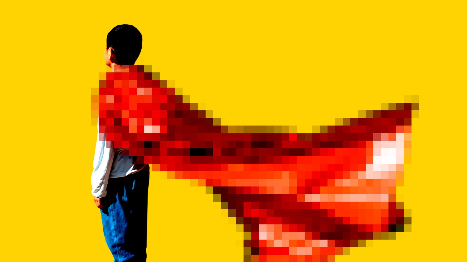 A boy wearing a red hero cape that is glitching and pixelated.