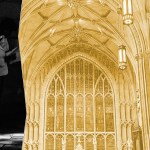 A image of people praying next to an image of a church interior.
