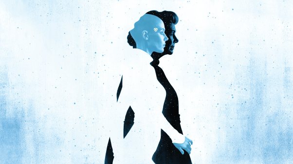 The silhouette of a middle-aged woman, with a drawing of a kind of cyborg inside her.