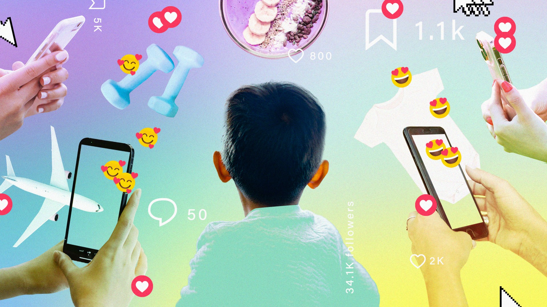 A child surrounded by phones and social media