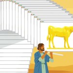 Two men carrying a computer window on their shoulders with a golden calf on it.