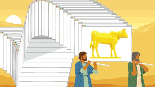 Two men carrying a computer window on their shoulders with a golden calf on it.