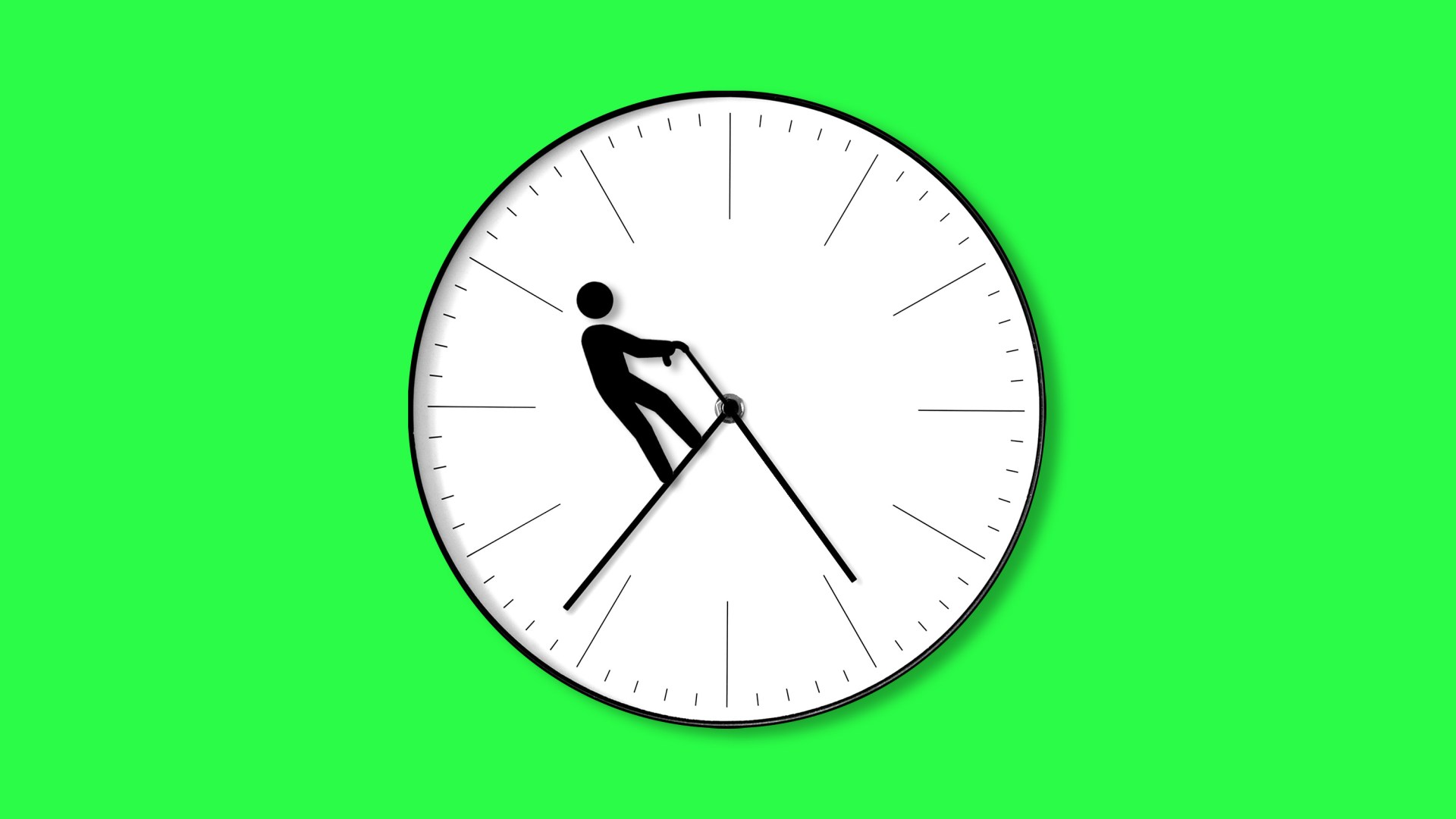A person holding a cane walking on the hands of a clock on a bright green background