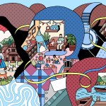 An illustration weaving together scenes of rural life, urban settings, and domestic moments.