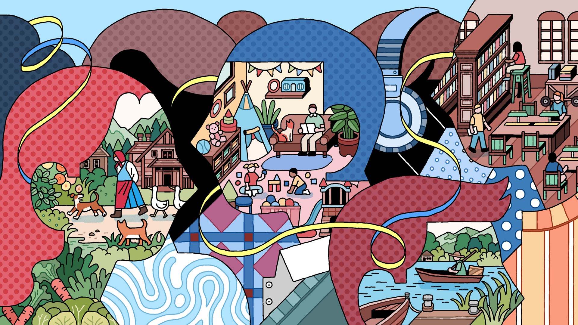 An illustration weaving together scenes of rural life, urban settings, and domestic moments.