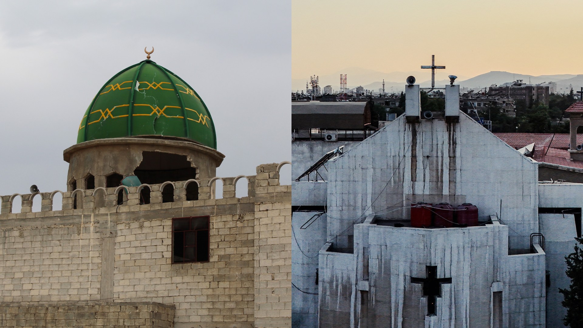A mosque and a church damaged by bombings in Syria.