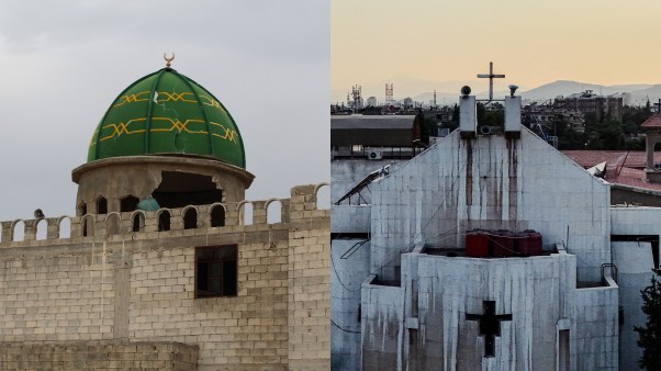 A mosque and a church damaged by bombings in Syria.