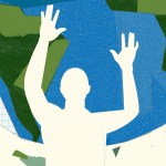 A paper cut out collage of a figure reaching up and pieces of a globe.