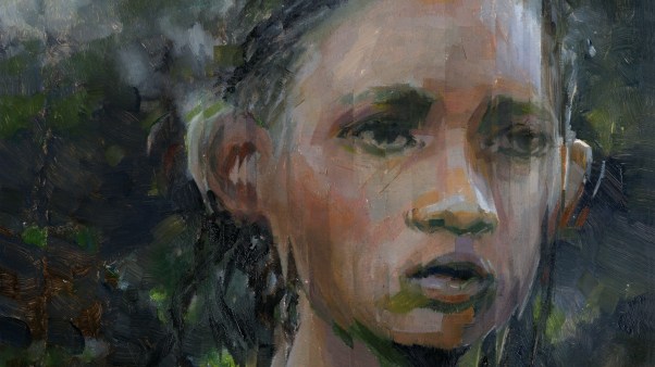 Pintura de uma menina negra com tinta óleo. Representação da violência sexual no Congo.