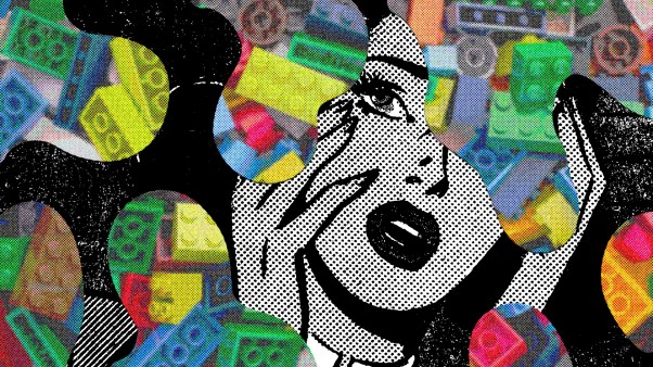 Imagem pop com mulher no centro desconfiada seguindo o tema "pressão para ter filhos".