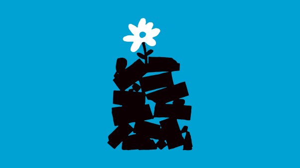 Illustration of a silhouette of a pile of debris with a flower growing from it.