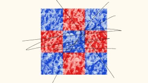 Uma grade do Instagram com pessoas em quadrados azuis e vermelhos.