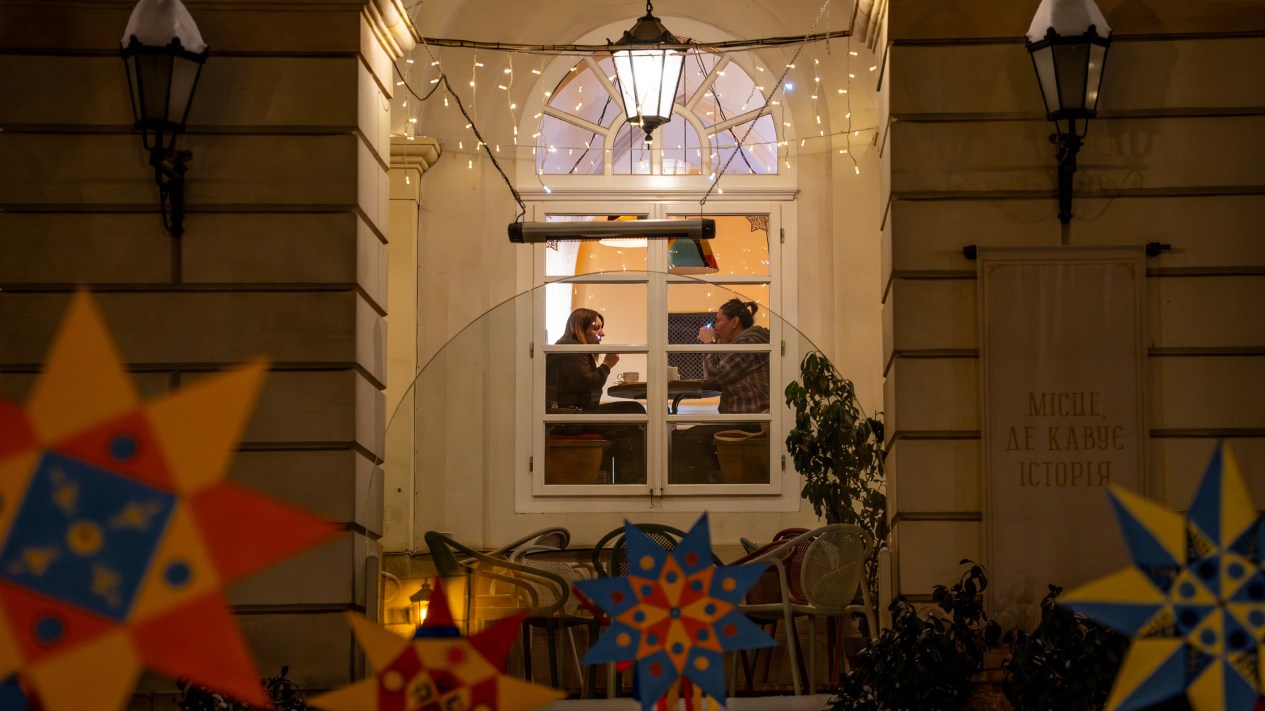 Ukrainian women in a warm cafe.