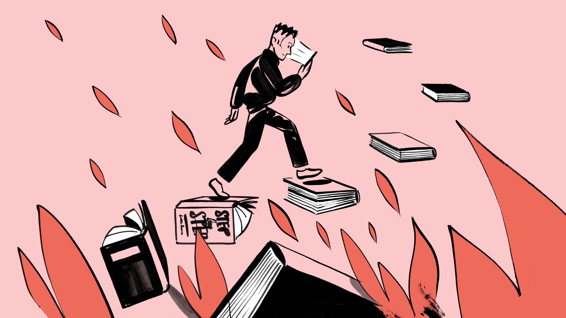 A focused man reading as he climbs a staircase made of books.