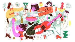 as pessoas se reuniram ao redor da mesa, comendo e comemorando