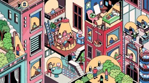 Uma ilustração que retrata as conexões humanas e os contrastes em meio aos ritmos complexos da cidade.