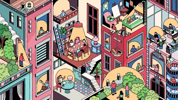 Uma ilustração que retrata as conexões humanas e os contrastes em meio aos ritmos complexos da cidade.