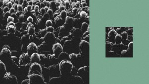 A big group of people separated from a small group of people.